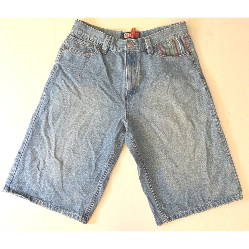 Nu Wear Mens Baggy Denim Shorts Blue Rainbow Embroidery Jorts Size 34 90s Y2K - Picture 2 of 11